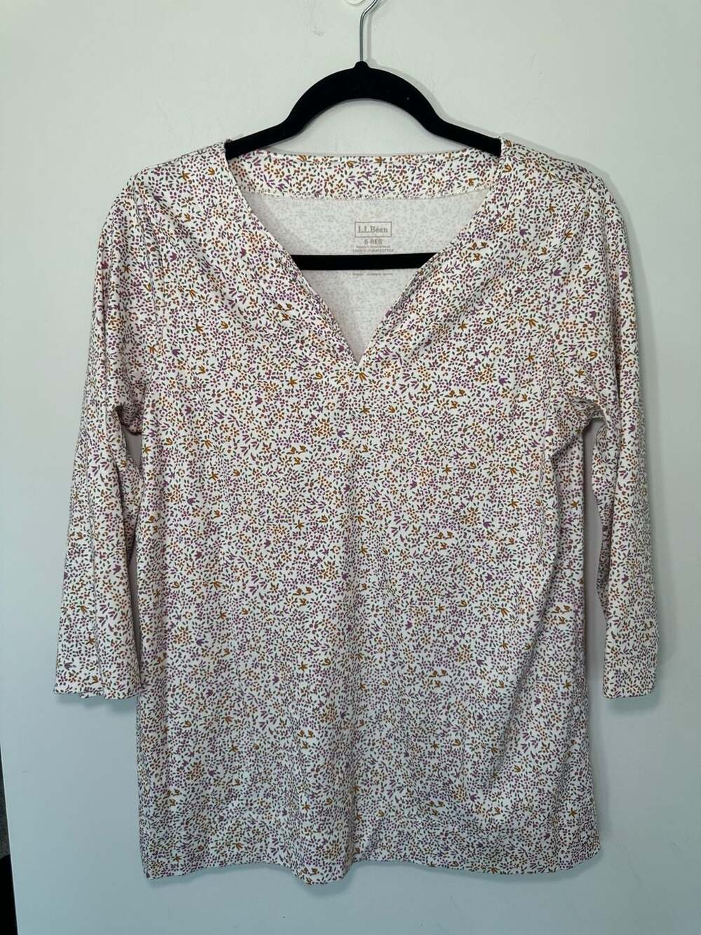L.L. Bean 100% Supima Cotton V-Neck Printed Floral 3/4 Sleeve Tunic Top